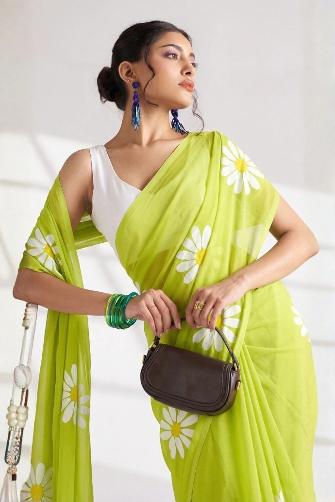Pista Pistachio Green Chinon Saree Kalyanja Fashion